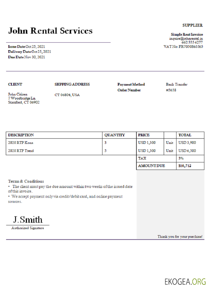 Facture USA John Rental Services